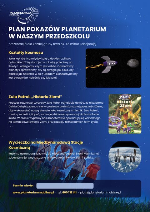 Plakat: Plan pokazów w przedszkolu – Kształty kosmosu · Zula Patrol · Stacja Kosmiczna