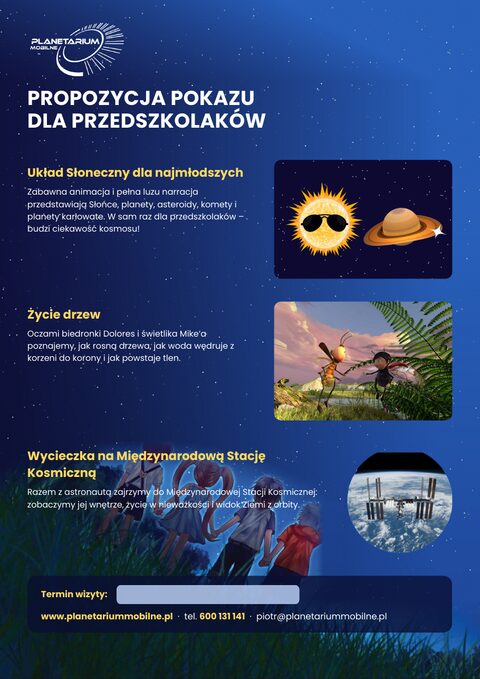 Plakat: Propozycja dla przedszkolaków – Układ Słoneczny · Życie drzew · Stacja Kosmiczna